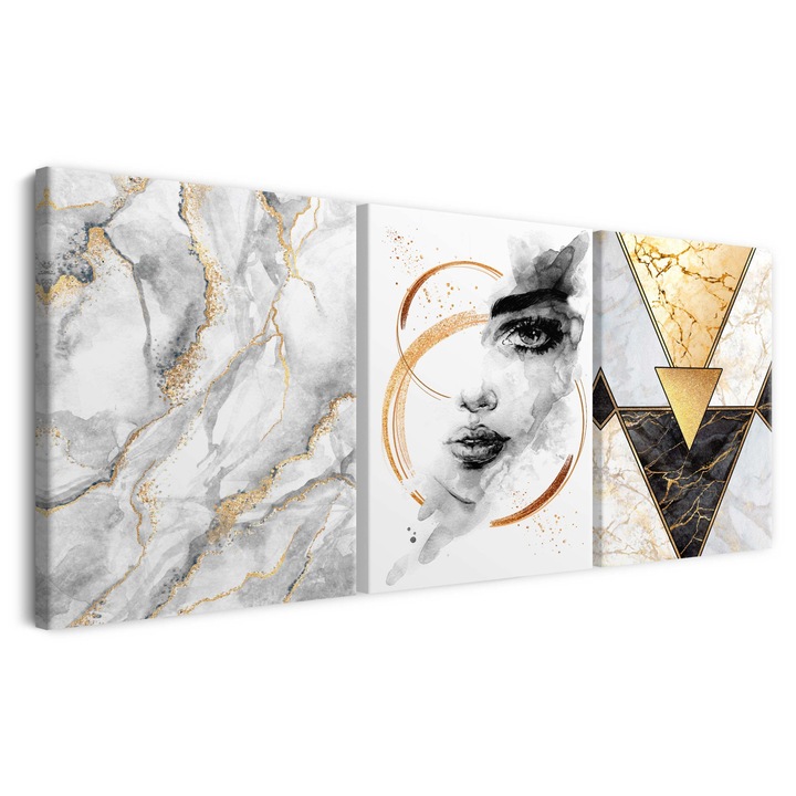 Picturi pe panza triptic pentru perete in dormitor, aur fata de femeie 60x120