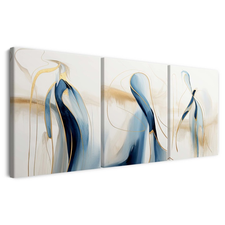 Tablou pe panza triptic pentru perete in living, abstractie albastra 90x180