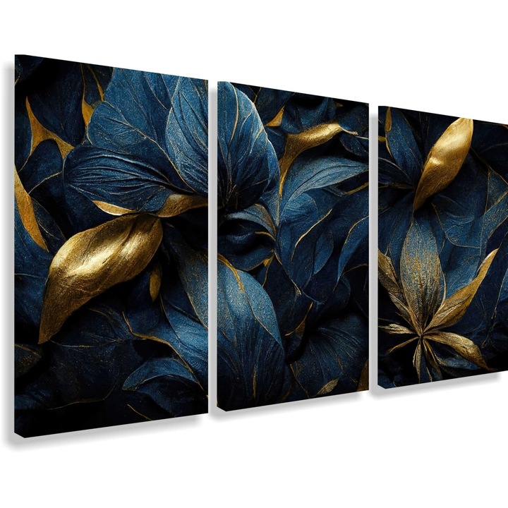 Picturi moderne pe panza triptic pentru living, frunze aurii 90x180 cm