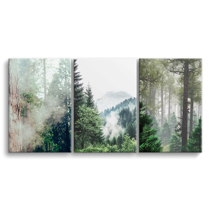 Set tablouri, 3 picturi pe panza triptic padure ceata decor pentru living 90x180 cm