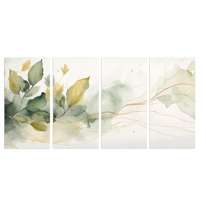 Tablou Canvas Multicanvas Modern, Naklejkomania, Frunze Aurii Elegante, 4 Piese 120x60 cm, Auriu Si Nuante Calde, Panza Bumbac 200G Pe Sasiu Din Lemn 20mm, Decoratiune Perete Living Dormitor Birou Jadalnia, Segmentat Cu Efect 3D Deosebit, Print Ecologic