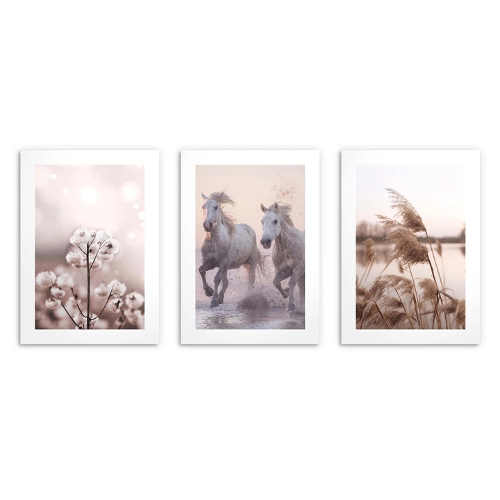 Postere pentru perete in living sau dormitor, Cai in galop, natura 3x 30x40 cm