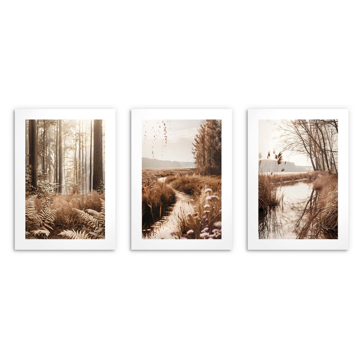 Postere boho pentru perete in living, Padure lac trastie maro bej 3x 30x40 cm