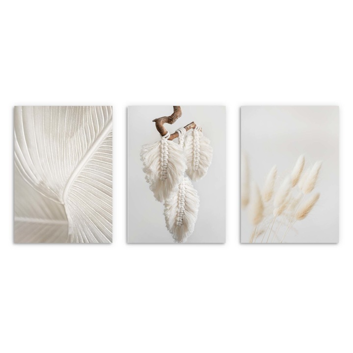 Бохо постер бели пера за спалня 3x 30x40см