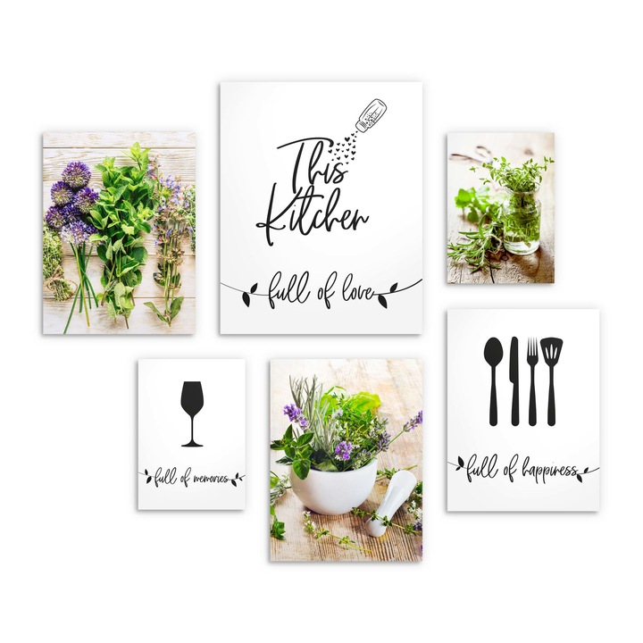 Postere XXL pentru perete in bucatarie, Set 6 ierburi, citat