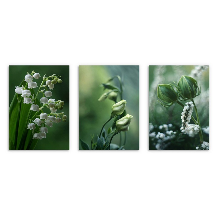 Postere moderne pentru perete in living, Flori albastru inchis aurii 3x 50x70 cm