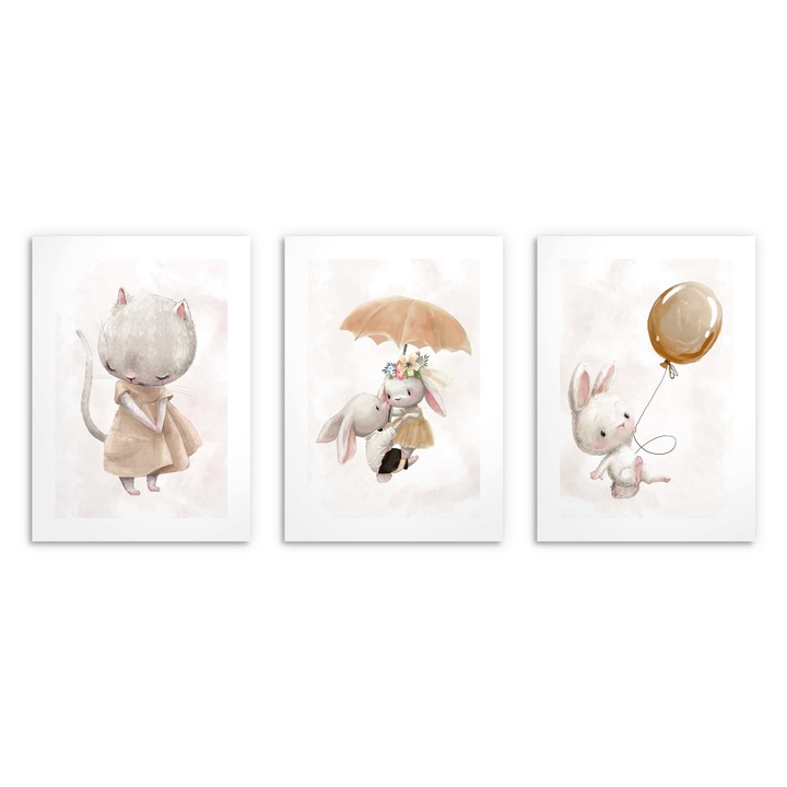 Set 3 postere pentru camera copilului, Iepurasi bej 50x70cm
