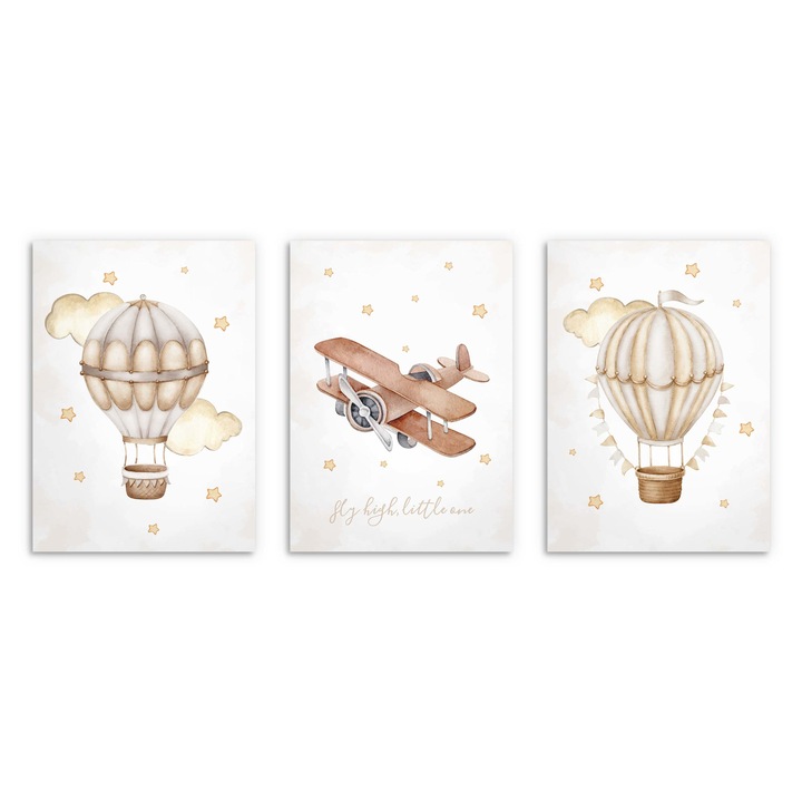 Set postere pentru camera copilului, Avion si balon bej 30x40cm