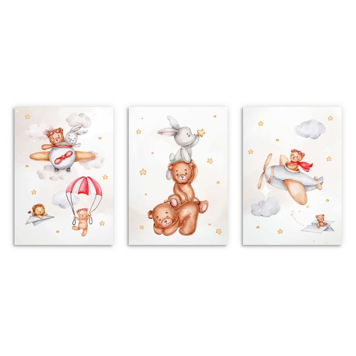 Set 3 postere pentru copii, Ursulet si iepuras 50x70cm