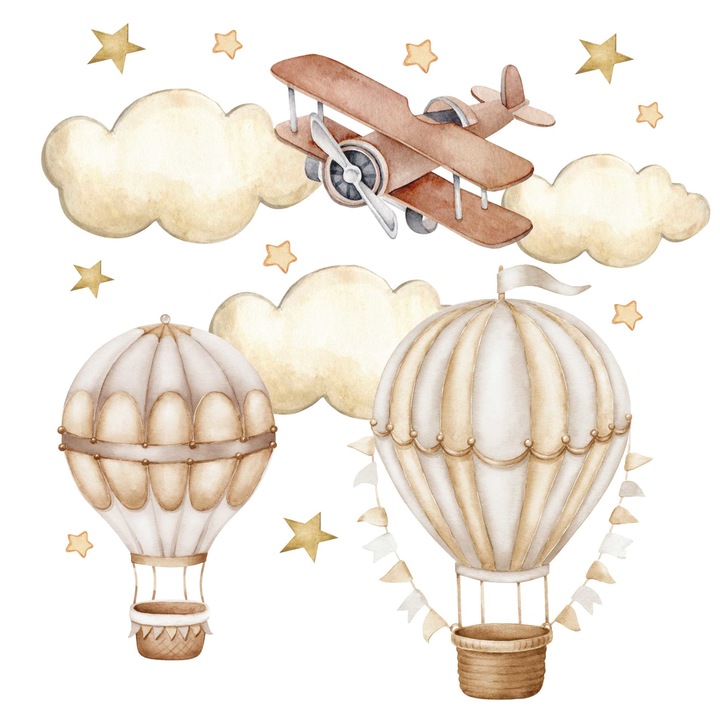 Sticker autocolante pentru perete pentru copii: baloane si avion in nuante de bej 120x240