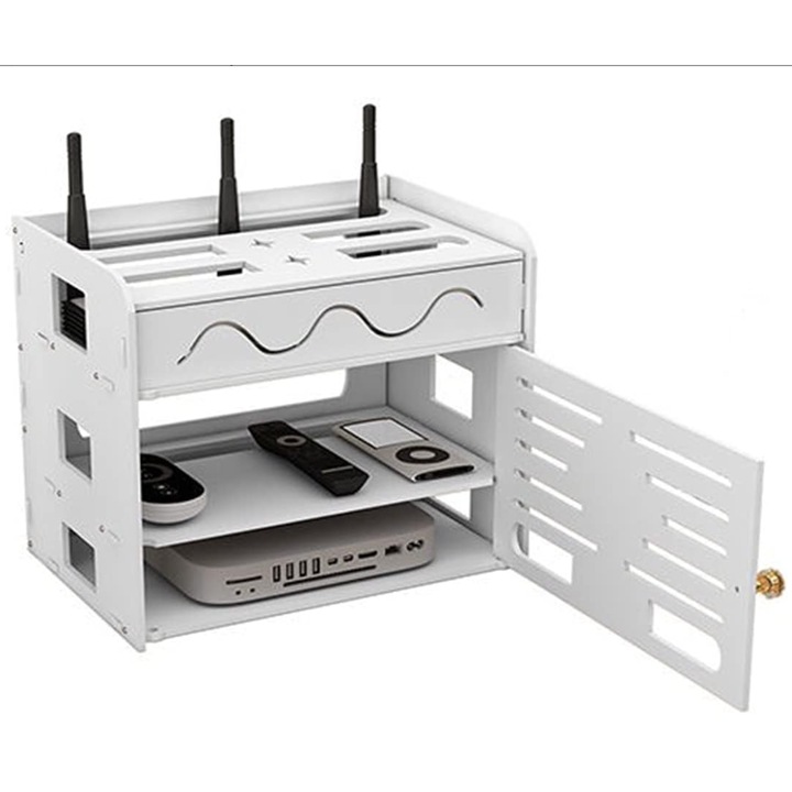 Рафт за рутер Raft Suport Router Wireless Seezesol Solution™ за скриване на кабели и WI-FI оборудване, 31x27x21.5 см, Три отделения, възможност за стенен монтаж, Бял