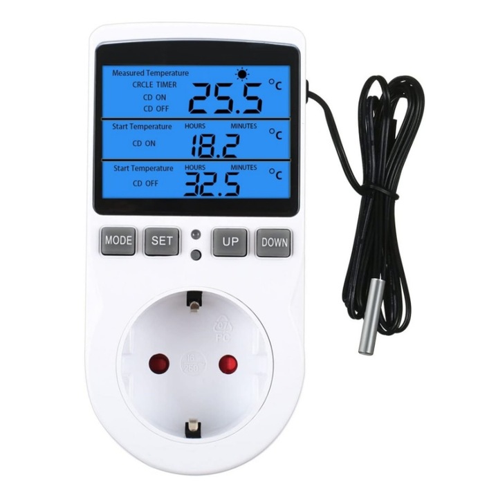Гнездо за смарт термостат JESWO, -40~+120°C, 230V, 16A, LCD дисплей, температурен датчик, таймер, бял, 58x39x120mm