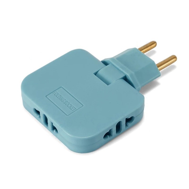 Adaptor Triplu Stecher Pentru Priza Techstar® TS-A3 Cu Rotire 180°, 250V, 10A, Compatibil EU/US, Albastru