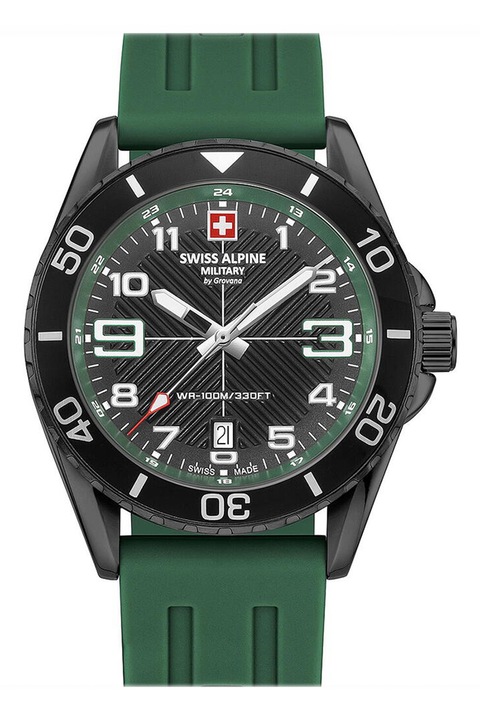 Swiss Alpine Military, Analóg karóra szilikonszíjjal, Koptatott fekete, tengerzöld