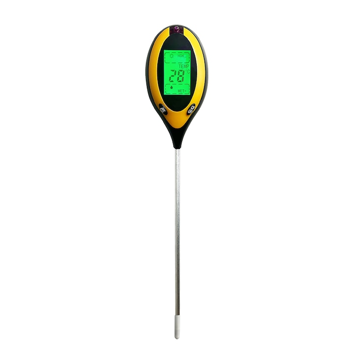 Tester digital de sol 4 in1, JESWO®, PH, Umiditate, Intensitate lumina, Temperatura, Afisaj LCD, Alimentare baterii, Pentru gradina, gazon, agricultura, Galben/negru