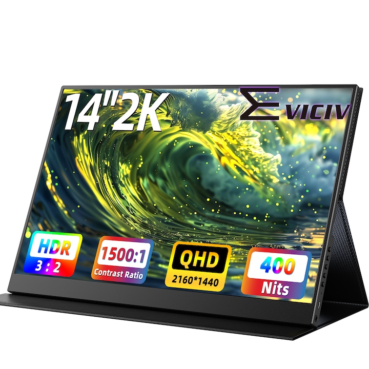 EVICIV hordozható monitor, 14 hüvelykes, QHD 2160x1440, IPS, 300 cd/m², 60 Hz, fekete