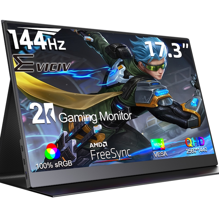 Hordozható játékmonitor EVICIV, 17,3", IPS, 2K, 144 Hz, 100% sRGB, 2560x1440, fekete