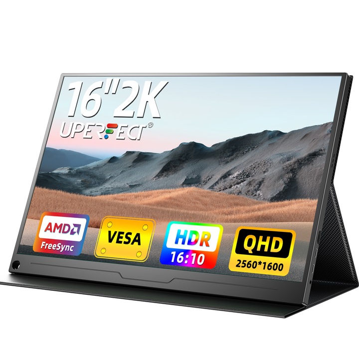 EVICIV hordozható gamer monitor, 16 hüvelykes, 2,5K Ultra HD, IPS Matte, HDR, 100% sRGB, 16:10, VESA