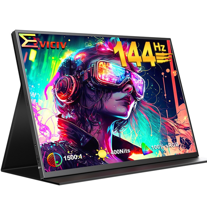 Hordozható játékmonitor EVICIV B01, 18 hüvelykes, 144 Hz, IPS, 2560x1600, HDR, fekete