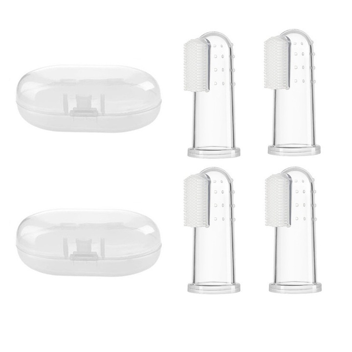 Állati fogászati készlet, 4 ujjkefe, 2 doboz, puha szilikon, átlátszó