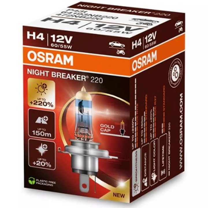 Автомобилна крушка Osram H4 Night Breaker +220%, 12V, 55/60W, 1 брой