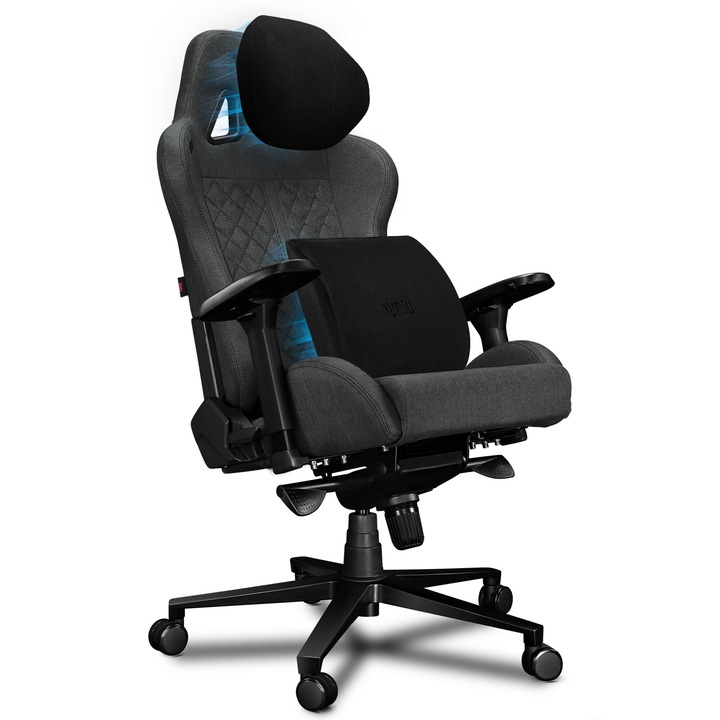 Геймърски и офис стол - YUMISU 2050 Magnetic Grey Black - тъмно сив текстил, черни шевове, издържа 150 кг, магнитни възглавници, опция за люлеене, лумбална възглавница, възглавница за глава, регулиране на подлакътника, 165° наклон