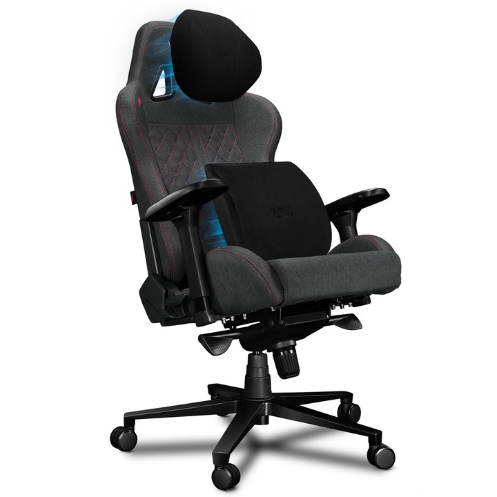 Scaun de gaming si birou - YUMISU 2050 Magnetic Gray Pink - gri inchis Textil, cusaturi roz, sustine 150 kg, Perne magnetice, Optiune de balansare, Perna lombara, Perna pentru tetiera, Reglare cotiera, Inclinabila la 165°, Calitate premium