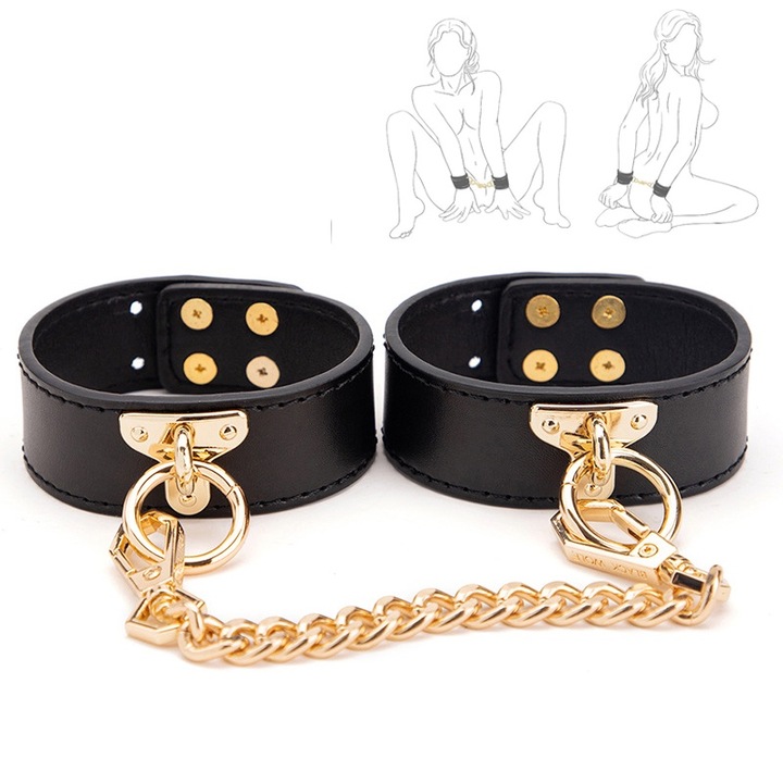 Set 1 bucata, catuse piele neagra, lant auriu, BDSM, 15-20cm