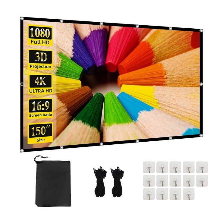 HNSMART прожекционен екран, 150 инча, Ultra HD 4K, зрителен ъгъл 160 градуса, преносим, миещ се