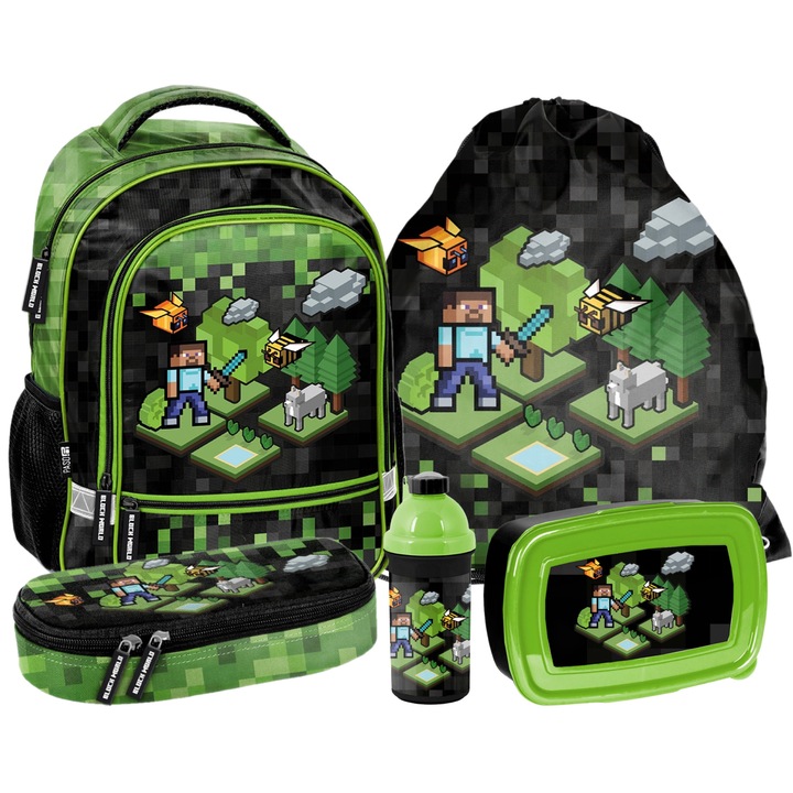 Set Rucsac scoala, penar, sac pentru pantofi, cutie pentru pranz, sticla de apa Minecraft, Pixel