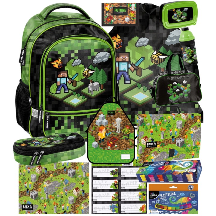 Set Rucsac scoala, penar, sac pentru pantofi, cutie pentru pranz, sticla de apa, geanta sport, Portofel, Etichete, Protectie pentru birou, Mapa cu maner, Sort, Faruri de plafon, Plastelina Minecraft, Pixel