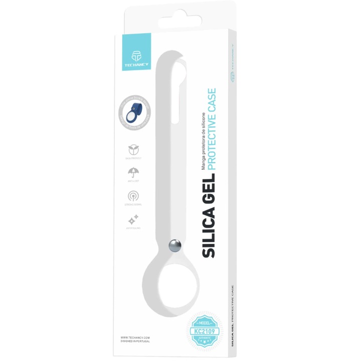 Husa AirTag Loop din Silicon Moale Techancy, compatibila Apple, de Protectie, pentru bagaje, animale, chei, prindere usoara, Alb