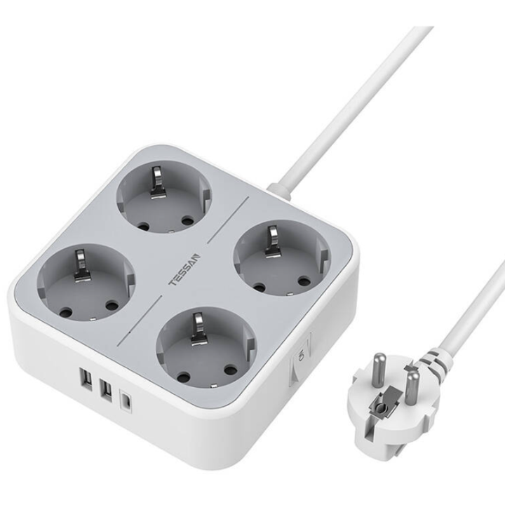 Удължител Tessan TS-302-C, 4 гнезда, 2xUSB-A, 1xUSB-C, 3A, Кабел 2 м