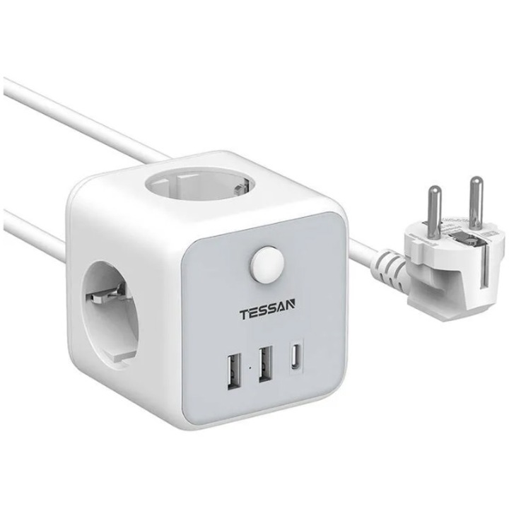 Удължител Tessan TS-301-C, Куб, 3 гнезда, 2 X USB A, 1 X USB-C, Кабел 1.5 м