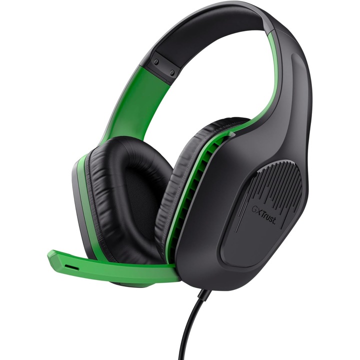 Слушалки gaming Trust GXT415X ZIROX, съвместими с Xbox, 50 мм драйвери, сгъваем микрофон, 3,5 мм жак, 1,2 м кабел, черно/зелено