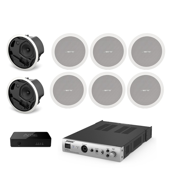Аудио система с 8 бели високоговорители за таван Bose FS2C и 1 x Bose IZA190HZ усилвател