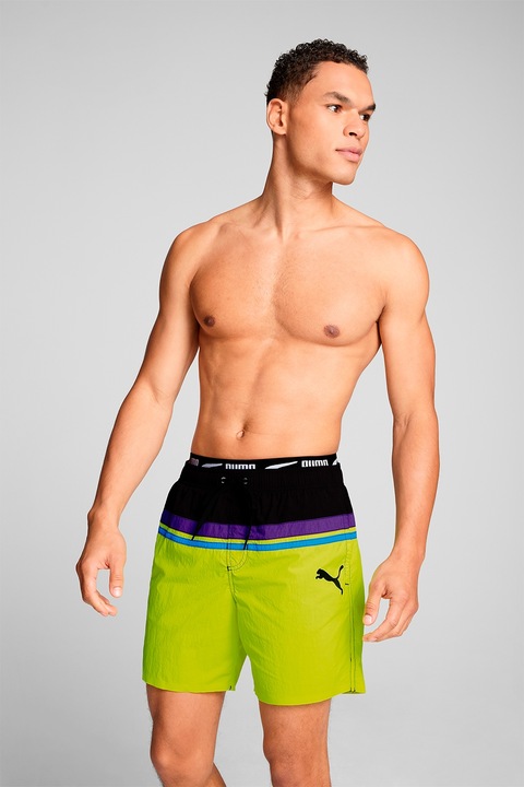 Puma, Pantaloni scurti de baie cu model colorblock, Negru/Verde lime