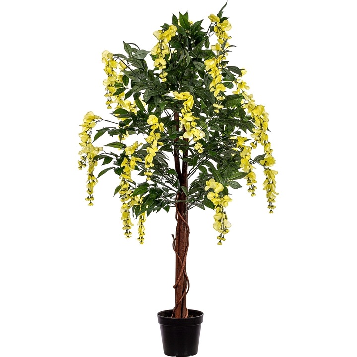 Planta artificiala Wisteria, trunchi din lemn si vita de vie rasucita, 120 cm, galben, Maxstore®