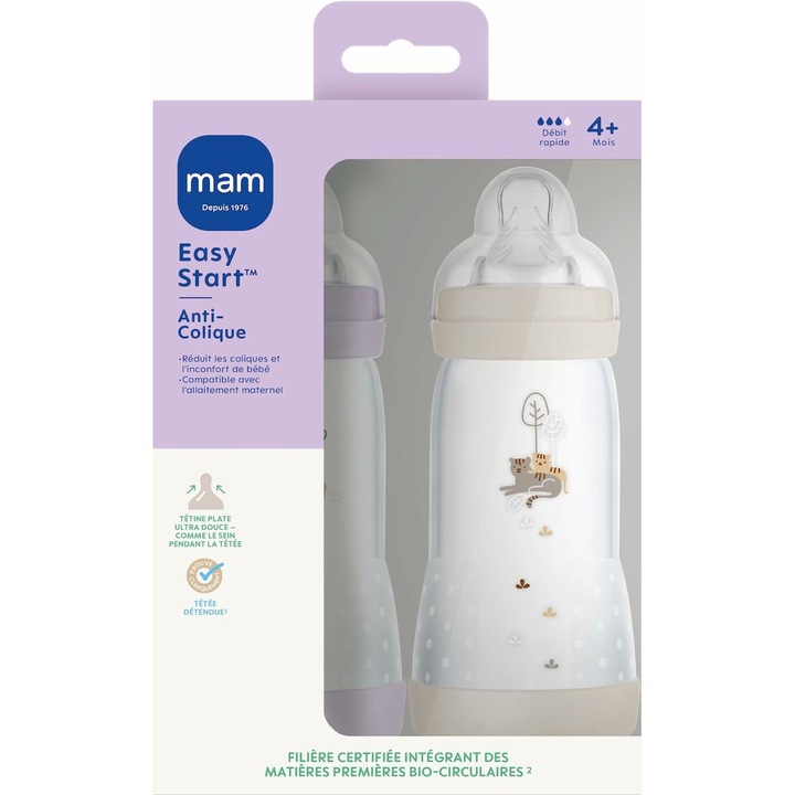 Set 2 Biberoane MAM Girafe, Anticolici, Silicon, 330ml, Lila