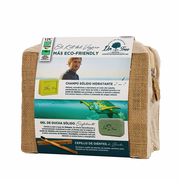 Set de calatorie, Dr. Tree, pentru piele sensibila, unisex, periuta dinti + perie par + sampon + gel dus