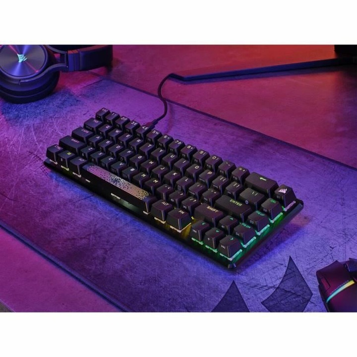 Клавиатура CORSAIR K65 PRO MINI, механична, RGB осветление, алуминий, черна, AZERTY