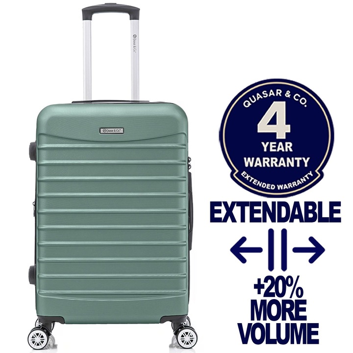 Közepes méretű bővíthető bőrönd 66x41x26-31 cm, LINE modell Quasar & Co.®, ABS 2.8 mm, lopásgátló cipzár, számzár, teleszkópos fogantyú, 4 dupla csendes kerék 360°-os forgással, 2 rekesz belső zsebbel, feladott poggyász, Világostürkiz