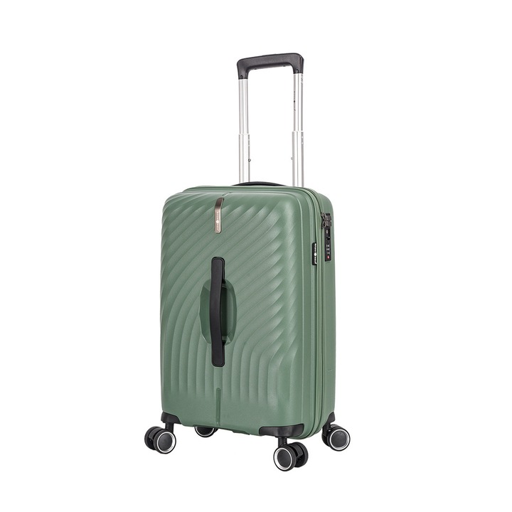 Troler de cabina Snowball SW47203, polipropilena, fermoar antifurt, cifru TSA, 4 roti duble, 55 cm, verde inchis