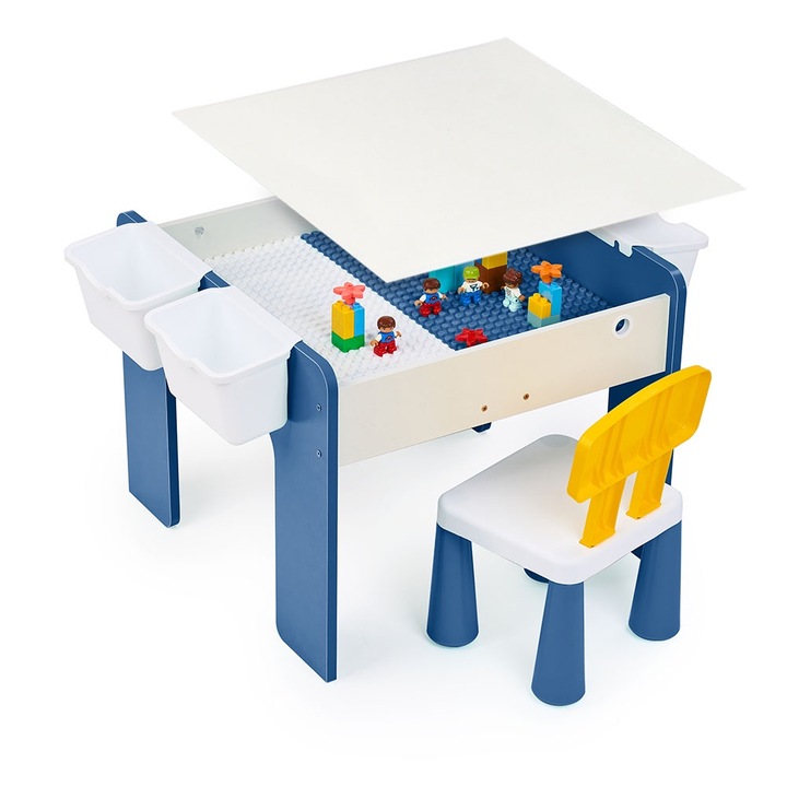 Masuta Multifunctionala pentru Copii, folosita la Activitati Creative, Construit Modular cu Blocuri, Depozitare, Desenat, Colorat, din Lemn MDF, Scaun inclus, 57x57x45, 3-6 ani, Onuvio® - Albastru Inchis