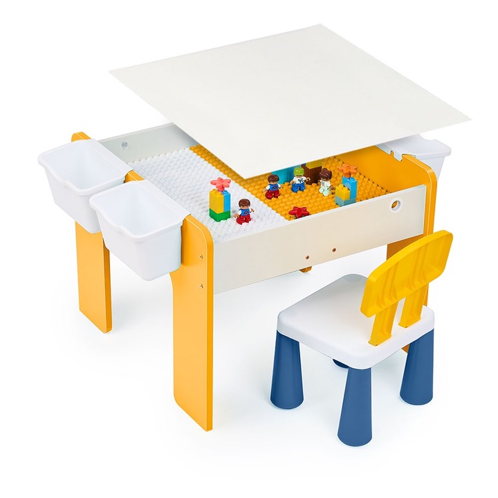 Masuta Multifunctionala pentru Copii, folosita la Activitati Creative, Construit Modular cu Blocuri, Depozitare, Desenat, Colorat, din Lemn MDF, Scaun inclus, 57x57x45, 3-6 ani, Onuvio® - Galben