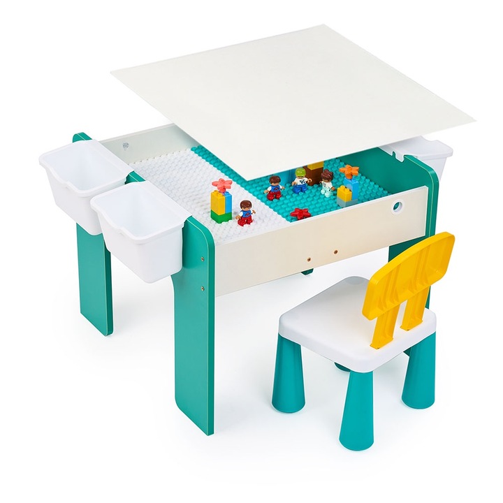 Masuta Multifunctionala pentru Copii, folosita la Activitati Creative, Construit Modular cu Blocuri, Depozitare, Desenat, Colorat, din Lemn MDF, Scaun inclus, 57x57x45, 3-6 ani, Onuvio® - Verde