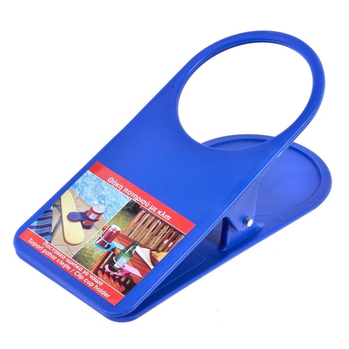 Pohártartó Shopiens® klipekkel, kék színű, gyors rögzítéssel székre vagy asztalra, 17,5 x 8,5 cm