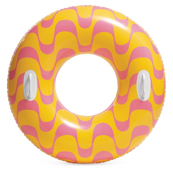 Colac gonflabil Shopiens®, fabricat din vinil rezistent, cu manere durabile, model galben cu valuri roz, Ø 91 cm