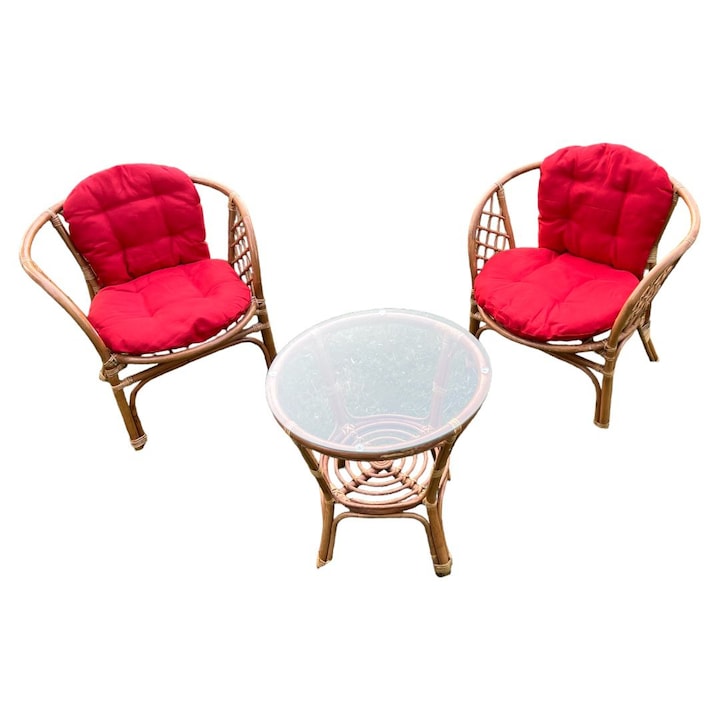 Комплект градински мебели Bali с червени възглавници, 3 части, Здрава и лека рамка, естествен, Ратан