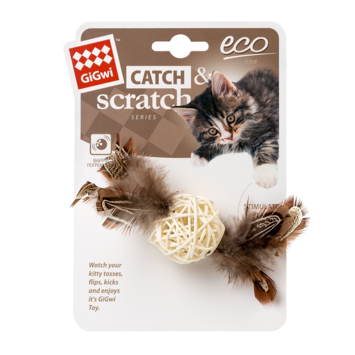 Jucarie pentru pisici GiGwi Catch&scratch, minge impletita cu clopotel si pene, penaj, lemn, diametru 13 cm